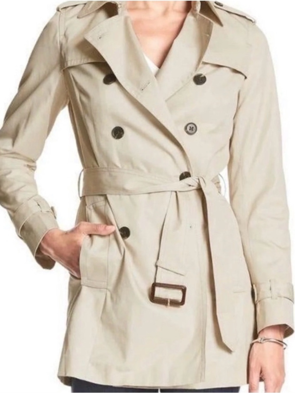Banana Republic Beige Double-Breasted Trench with Belted Waist